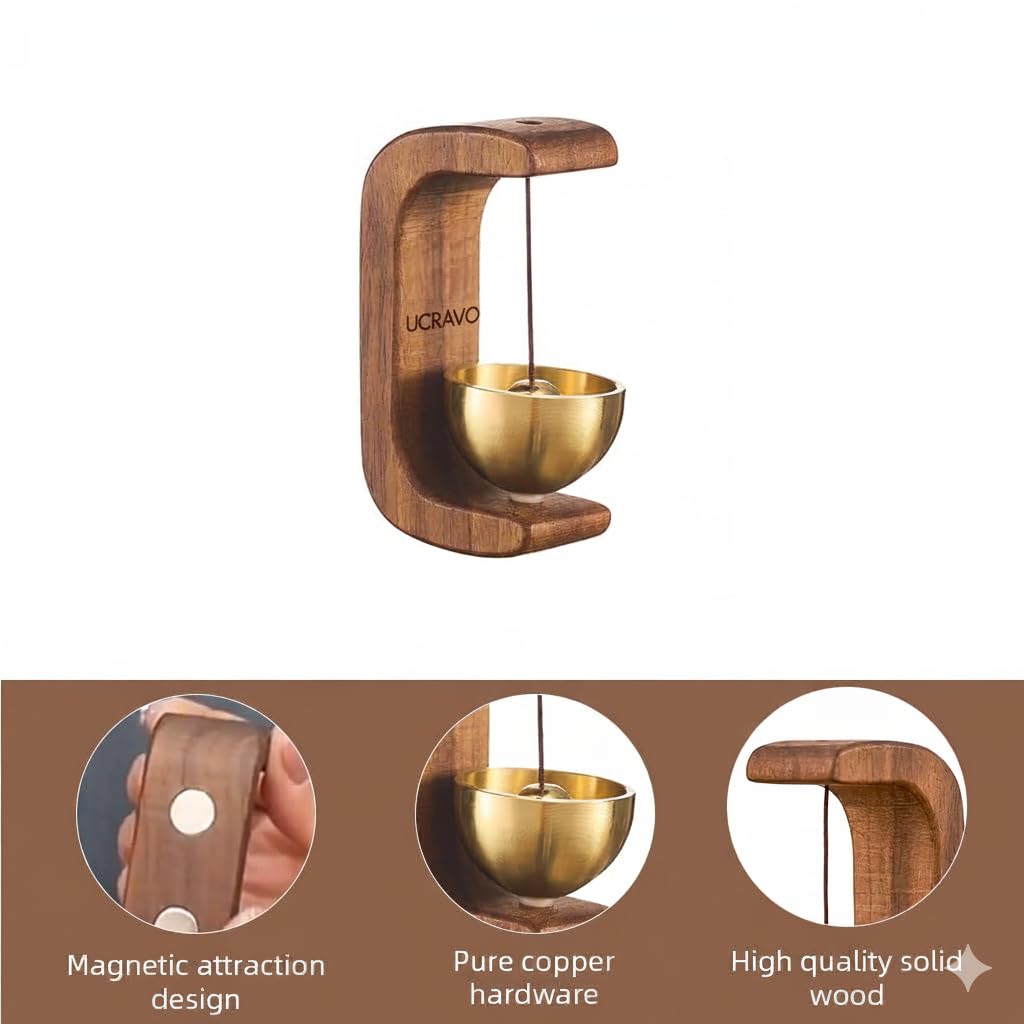 UCRAVO Wooden Zen Sound Bell with Brass Bowl Handcrafted Wind Chime Bell for Meditation,Yoga/Mindfulness Home Office Desk Decor,Pooja Bell,Stress Relief Sound Therapy,Spiritual Decorative Accessory
