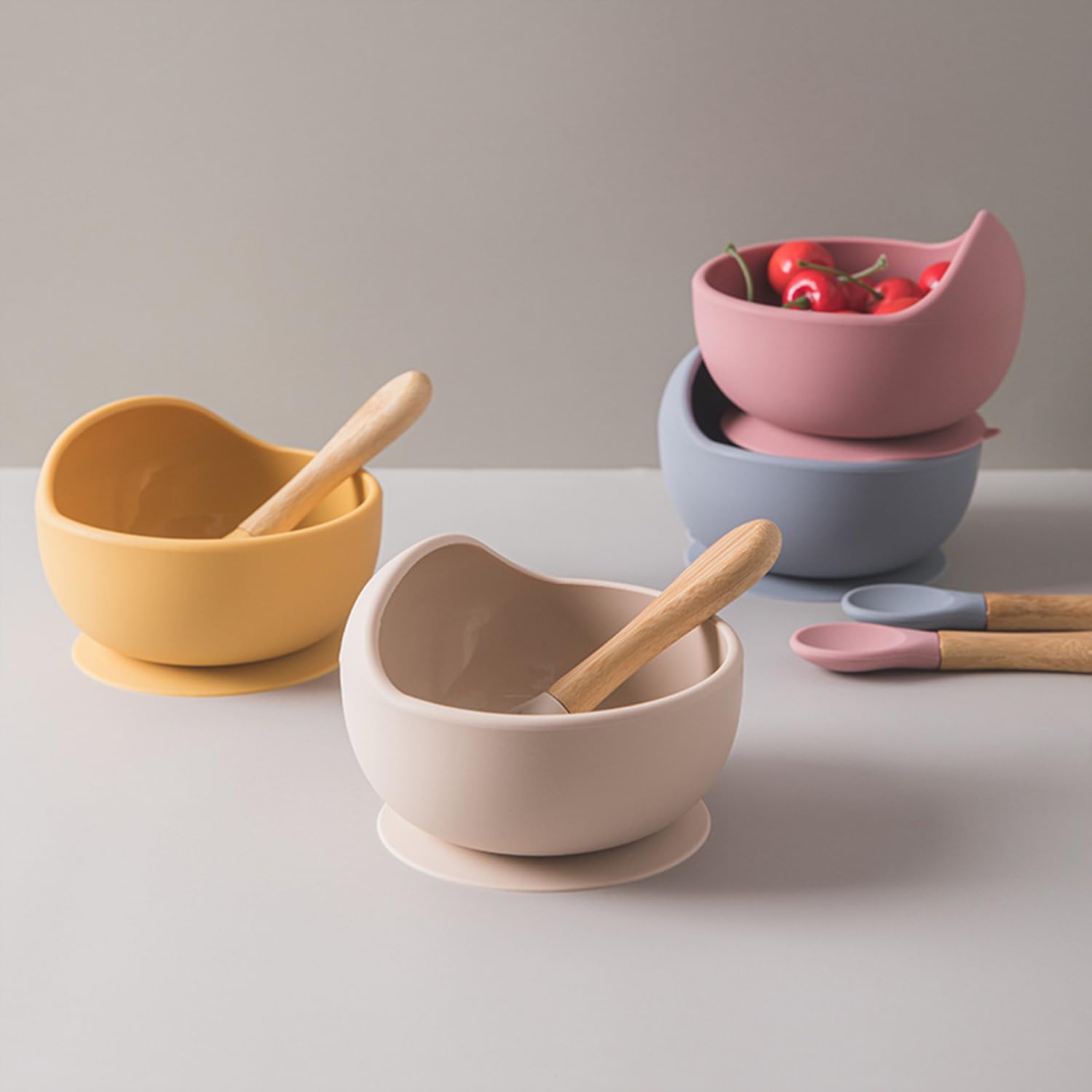 UCRAVO Grey Silicone Baby Feeding Bowl & Spoon Set with Strong Suction Base BPA Free Food Grade Baby Bowl for Toddler | Self Feeding Baby Led Weaning Essentials | Infant Silicone Bowl with Soft Spoon