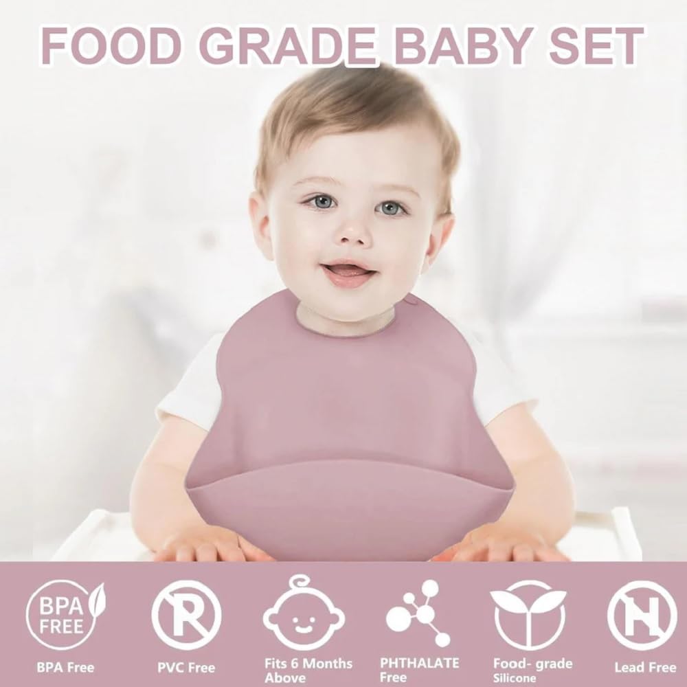 UCRAVO Pink Silicone Baby Feeding Bib with Extra Wide Food Catcher Pocket – 100% Waterproof, BPA-Free & Non-Toxic Soft Toddler Bib – Adjustable Neck Snap Buttons for Infants & Toddlers 6-36 Months