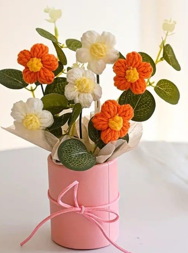 UCRAVO Artificial Crochet Flower Bouquet Orange Daisy Handmade Knitted Flower Arrangement with Mini Pot,Cute Decorative Flowers for Desk Decor,Room Decoration, Car Dashboard,Aesthetic Gift for Girls
