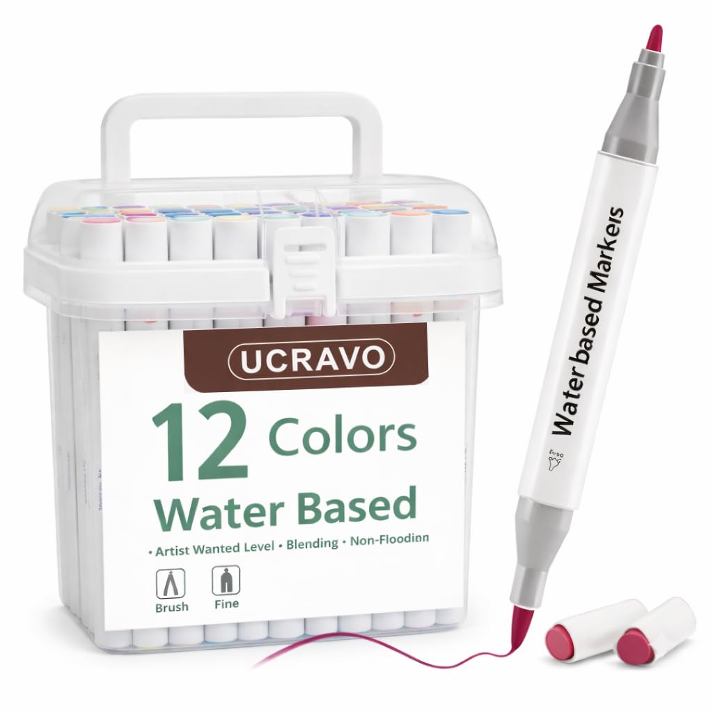 UCRAVO Dual Tip Colorful Waterbase Art Markers Sketch Pens 12 Colors with Carrying Case for Painting Sketching Calligraphy Drawing - Twin Head Permanent Colouring Pens for Kids Adults Multicolor Set