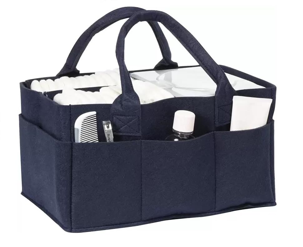 UCRAVO Baby Diaper Organizer,Diaper Caddy Felt Storage Box with Pocket,Portable Baby Wipes Basket with Compartment,Nursery Storage Bin Foldable Carrying Bag Organizer for Car Travel -Blue