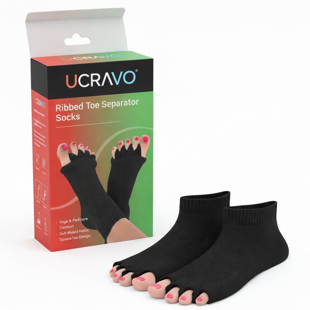 UCRAVO Ribbed Toe Separator Socks for Yoga, Pedicure & Foot Alignment | Open Toe Five Finger Socks for Toe Stretching, Bunion Relief, Balance & Foot Comfort | Soft Breathable Fabric | Black