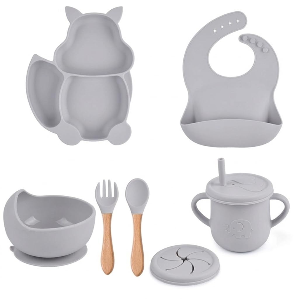 UCRAVO Grey Silicone Baby Feeding Set 6PCS Toddler Dinnerware Set with Strong Suction Bowl & Divided Plate, Adjustable Waterproof Bib with Food Catcher, Spill Proof Straw Sippy Cup, Baby Spoon & Fork
