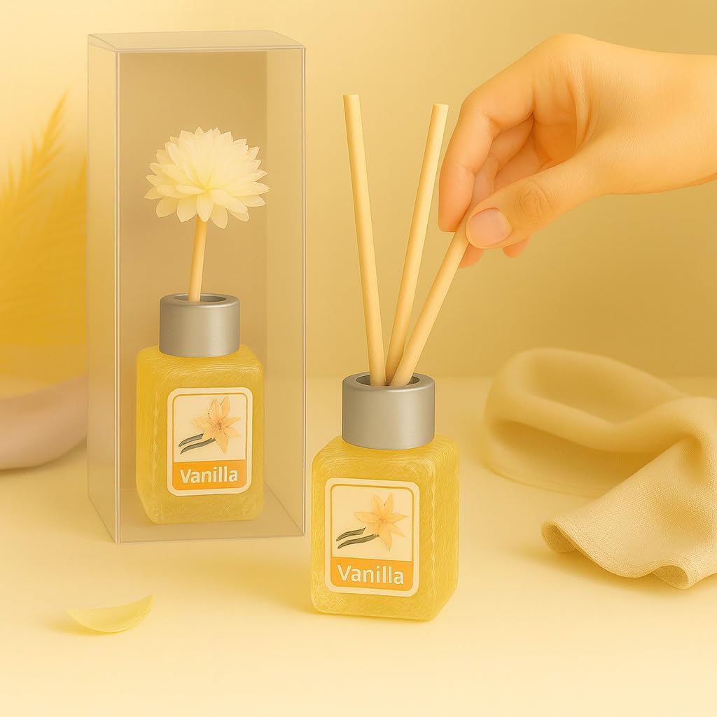 UCRAVO 50ML Vanilla Reed Diffuser for Home | Long Lasting Vanilla Aroma Diffuser Oil | Floral Home Fragrance Reed Diffuser | Vanilla Scented Room Freshener | Aromatherapy Diffuser Set (1 Pc)