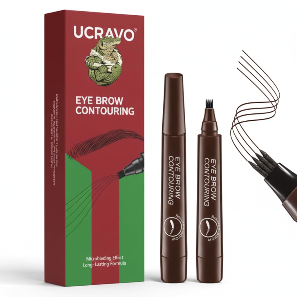UCRAVO Brown Eyebrow Pen 4 Tip Microblading Brow Marker Waterproof Smudge Proof Long Wear Eyebrow Pencil Sweat Resistant Brow Tint Pen for Natural Soft Brows,Light to Medium Hair,Thin Sparse Eyebrows