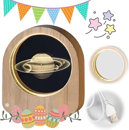 UCRAVO 3D Saturn Crystal Ball Night LED Light Lamp for Kids with Wooden Base, USB Rechargeable, Wood Holder Display Stand Night Lamps Desktop Home Decoration Birthday Gift for Kids Boys & Girls