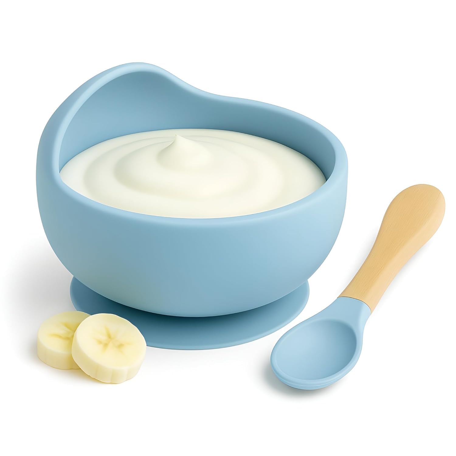 UCRAVO Blue Silicone Baby Feeding Bowl & Spoon Set with Strong Stay-Put Suction | 100% BPA Free Food Grade Silicone | First Stage Self-Feeding Essentials for Infants & Toddlers | Dishwasher Safe
