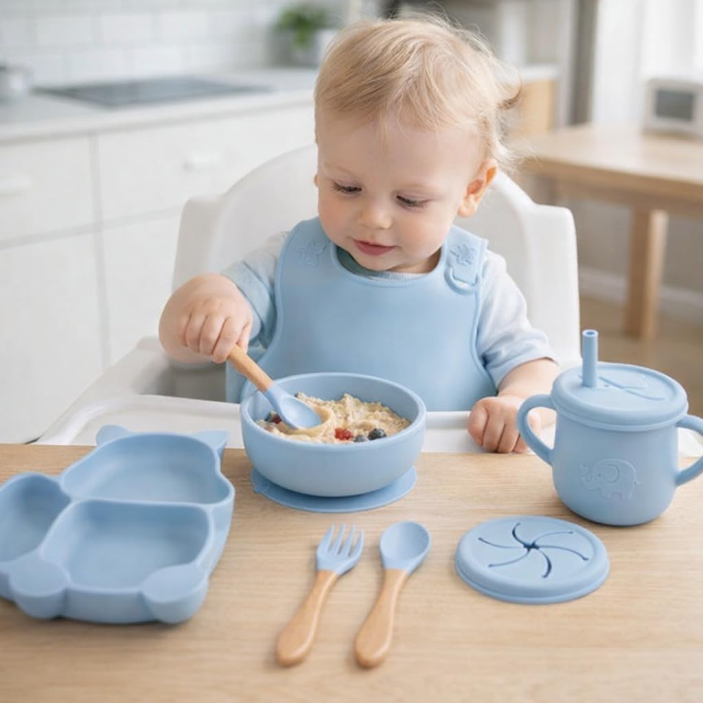 UCRAVO Blue Silicone Baby Feeding Set for Boys & Girls Baby Led Weaning Supplies with Suction Bowl and Divided Plate, Adjustable Silicone Bib,Leak Proof Straw Training Sippy Cup,Soft Tip Spoon & Fork