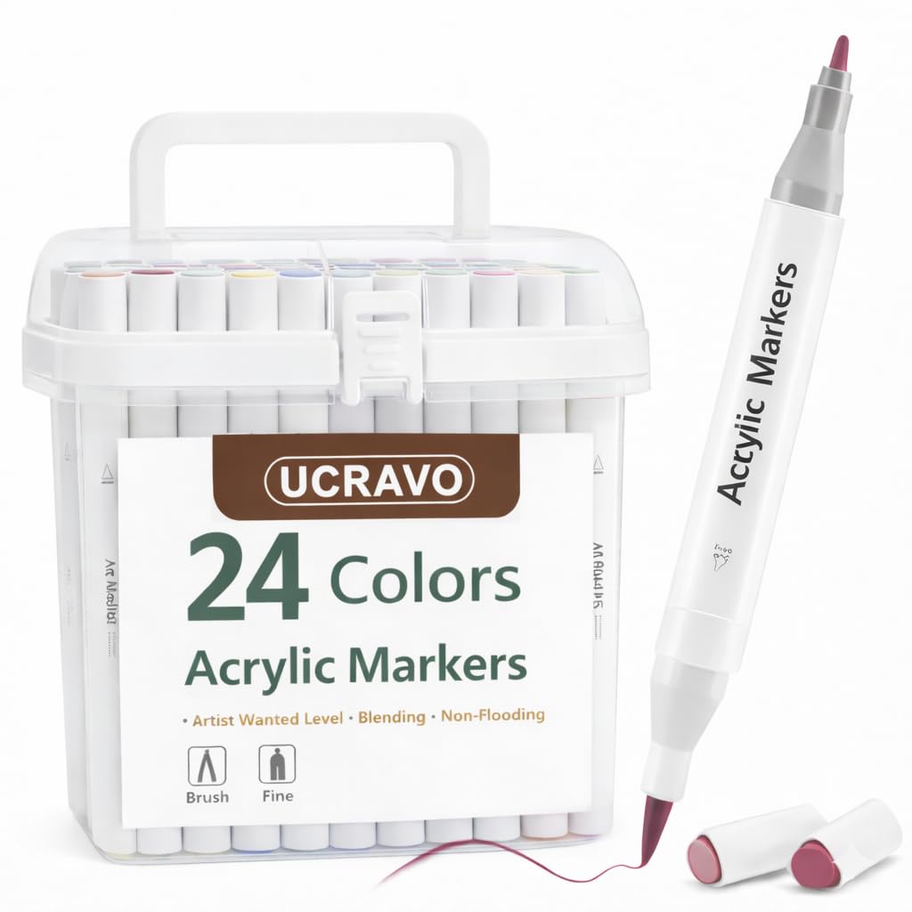 UCRAVO Dual Tip Colorful Acrylic Paint Art Markers Sketch Pens 24 Colors with Carrying Case Fine Tip Twin Head Permanent Marker Pens for Painting, Sketching, Calligraphy & Drawing Markers for All