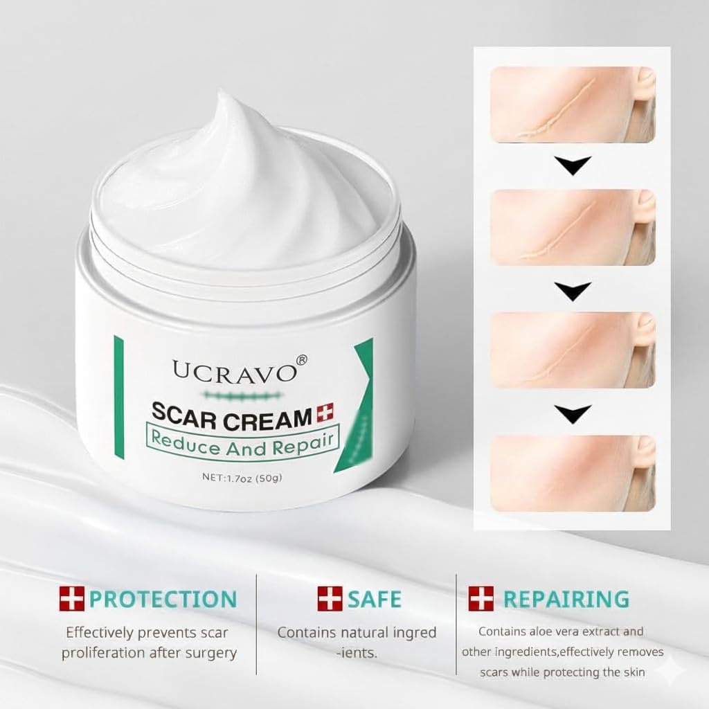 UCRAVO Scar Cream for Face & Body Advanced Scar Removal Cream for Old & New Scars Acne Scars, Stretch Marks, Burn Marks, Surgical Scar Repair Cream Fast Absorbing Non Greasy Skin Repair Formula (50g)