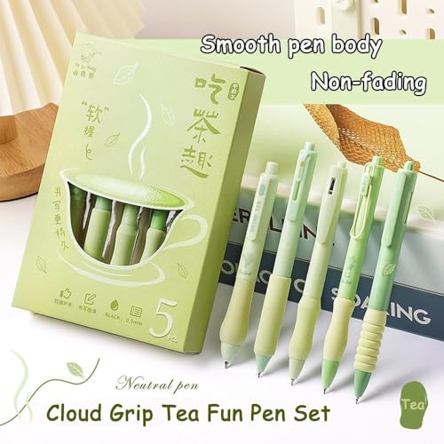 UCRAVO Green Tea 5 Pcs Gel Retractable Quick Dry Blue Ink 0.5mm Fine Point Aesthetic Stuff Ink Comfort Grip Smooth Writing Journaling Note Taking Pens Bulk Pens School Office Supplies Green