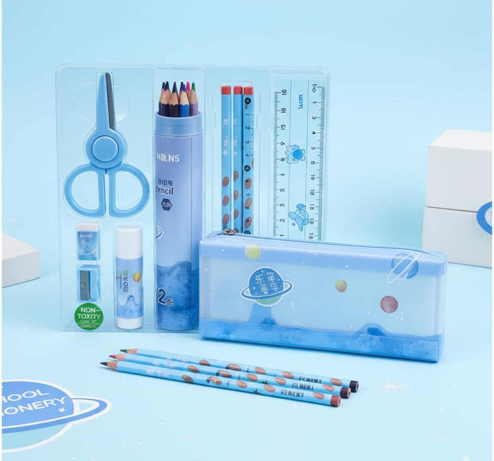 UCRAVO 24 PCS Stationery Gift Set for Kids, Student School Supplies Box Kit with Pencil,Eraser, Sharpener,Scale,Scissors, Ruler & Pencil Case Cute Stationary Combo Set for Boys Girls Study Essentials