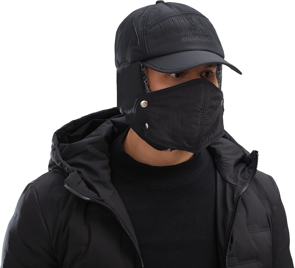 UCRAVO Winter Trapper Hat for Men - Warm Thermal Fur Bomber Hats | Insulated Baseball Cap with Ear Flap & Face Cover | Windproof Waterproof Winter Cap for Skiing, Hiking, Hunting & Extreme Cold Black