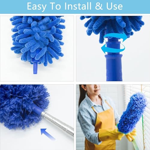 UCRAVO 3 in 1 Microfiber Feather Duster Set with 100 Inch Extendable Pole | 4 PCS Bendable Washable Fan Cleaning Brush for Ceiling Fans, High Ceilings, Cobwebs, Furniture, Walls & Home Dusting