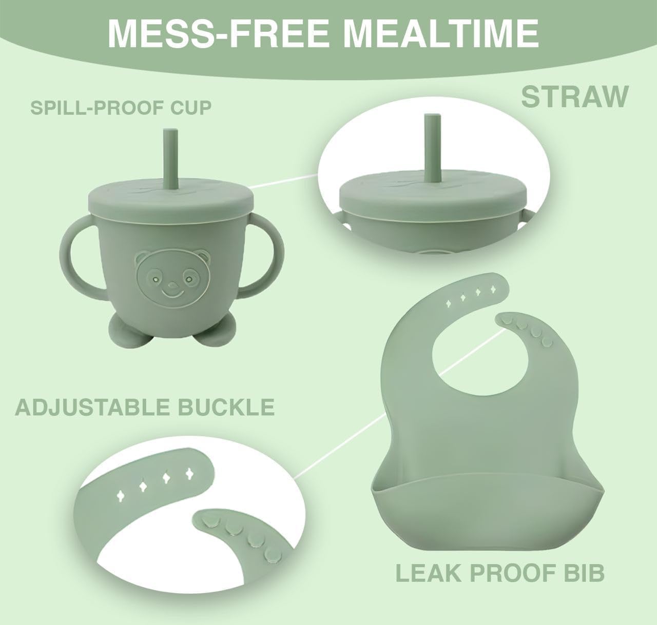 UCRAVO Baby Silicone Feeding Set Green 9PCS Baby Led Weaning Set with Adjustable Silicone Bib, Suction Divided Plate, Suction Bowl, Training Cup with Straw,Spoon Fork Set,BPA Free Toddler Feeding Set