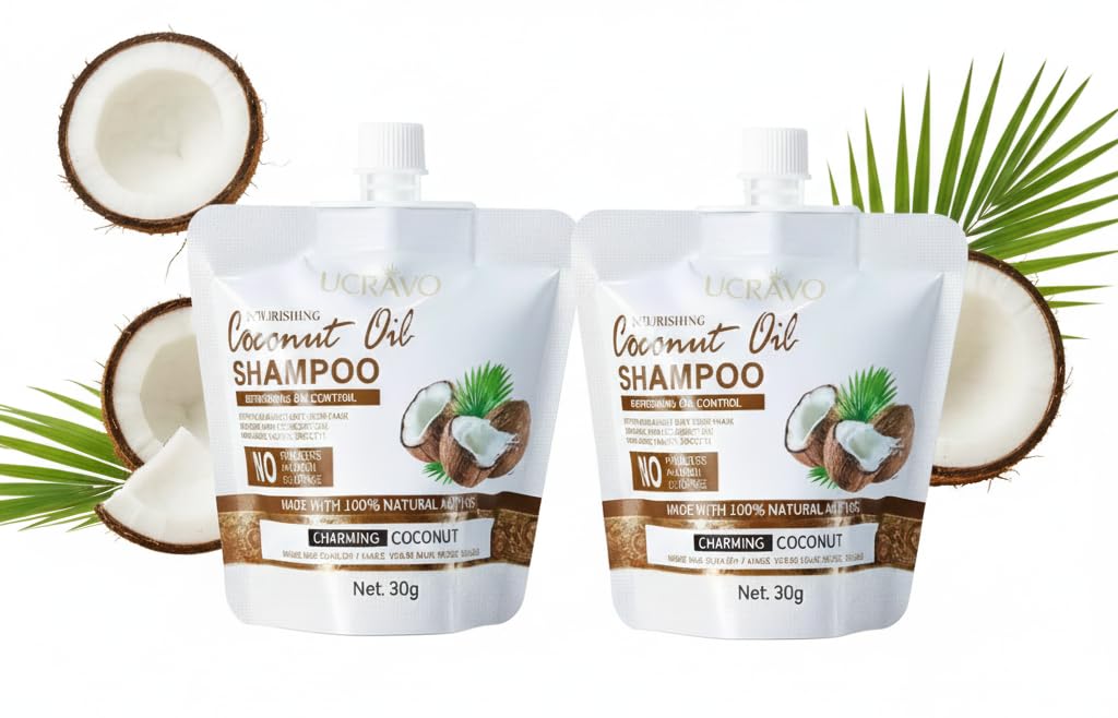 UCRAVO 2 Pack Nourishing Coconut Oil Shampoo 60g - Anti Dandruff Hair Care Product | Scalp Repair & Flake Removal | Strengthening Moisturizing Shampoo for Dry & Damaged Hair | Travel Friendly Bags