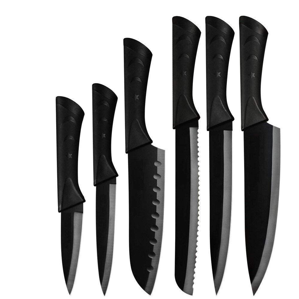 UCRAVO 6Pc Kitchen Knife Set with Covers,StainlessSteel Black Coated Knives, Professional Chef for Home Cooking, Vegetable, Fruit Prep, Ergonomic Handle,Rust Resistant Cutting Tools