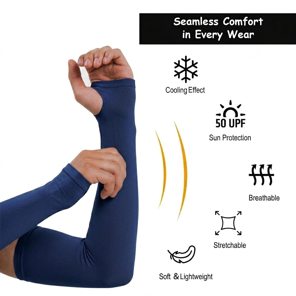 UCRAVO Cooling Arm Sleeves with UV Protection for Men & Women, Lightweight Nylon Arm Covers for Running, Cycling, Hiking, Fitness Training & Outdoor,Stretchable Sweat-Absorbent Guards (Blue, 1 Pair)