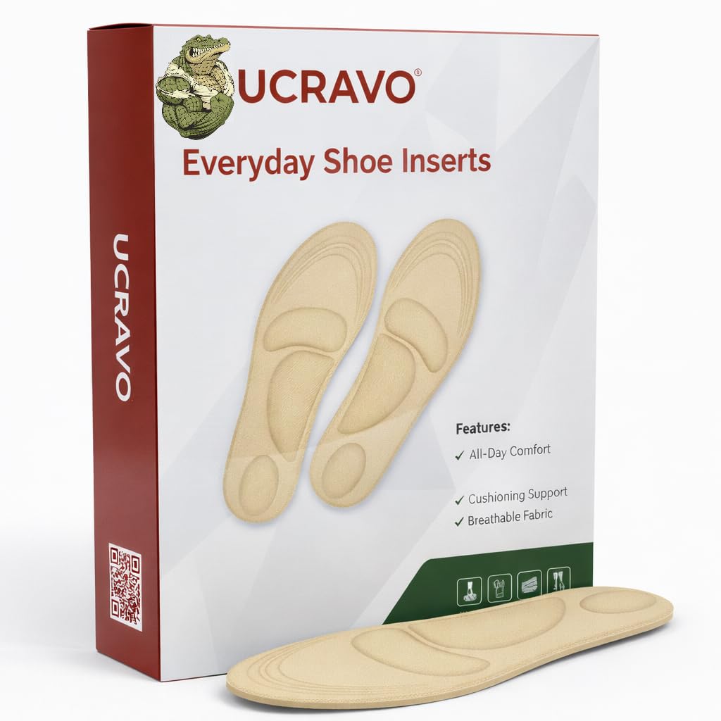 UCRAVO Beige Orthopedic Shoe Insoles for Men & Women Shock Absorbing Arch Support Inserts for Plantar Fasciitis,Flat Feet, Heel Pain & Foot Pain Relief | Breathable Cushioned Everyday Comfort Insoles