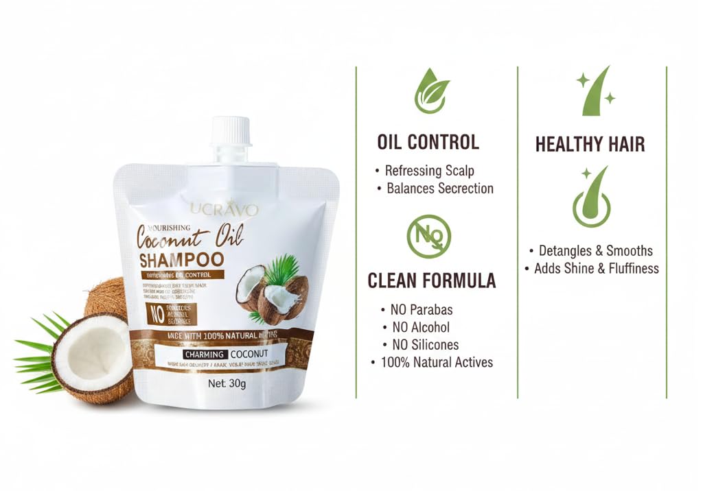 UCRAVO 2 Pack Nourishing Coconut Oil Shampoo 60g - Anti Dandruff Hair Care Product | Scalp Repair & Flake Removal | Strengthening Moisturizing Shampoo for Dry & Damaged Hair | Travel Friendly Bags