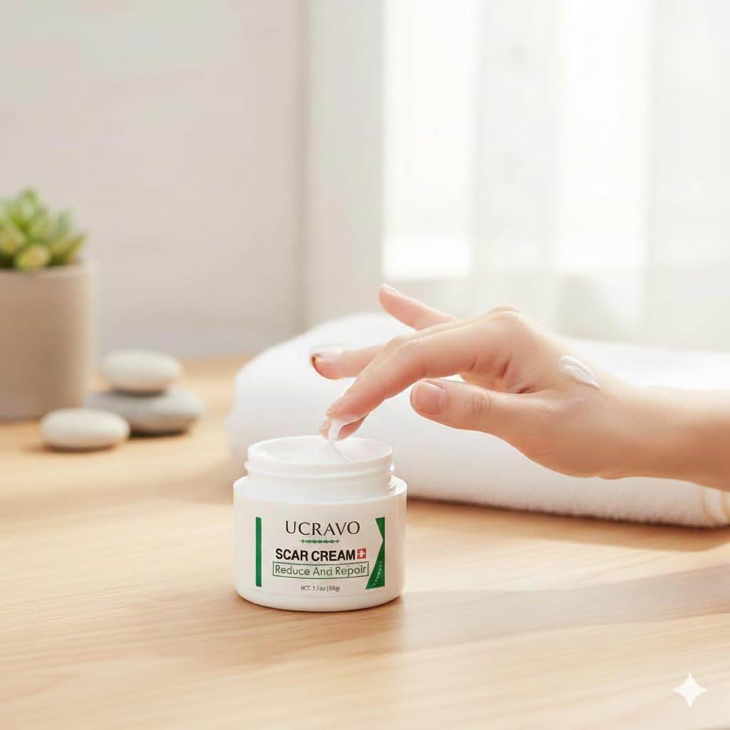 UCRAVO Scar Cream for Face & Body Advanced Scar Removal Cream for Old & New Scars Acne Scars, Stretch Marks, Burn Marks, Surgical Scar Repair Cream Fast Absorbing Non Greasy Skin Repair Formula (50g)