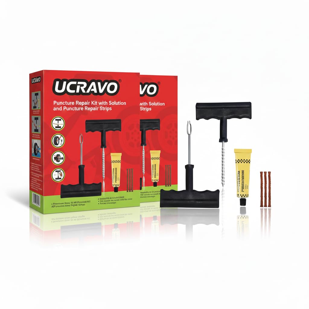 UCRAVO Tubeless Tyre Puncture Repair Kit Pack of 2 Car Bike Scooter Emergency Tire Repair Tool Set Heavy Duty T-Handle Reamer & Insertion Tool Rubber Repair Strips & Solution for Instant Air Leak Fix