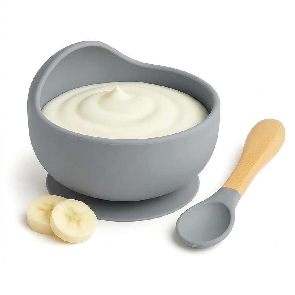 UCRAVO Grey Silicone Baby Feeding Bowl & Spoon Set with Strong Suction Base BPA Free Food Grade Baby Bowl for Toddler | Self Feeding Baby Led Weaning Essentials | Infant Silicone Bowl with Soft Spoon
