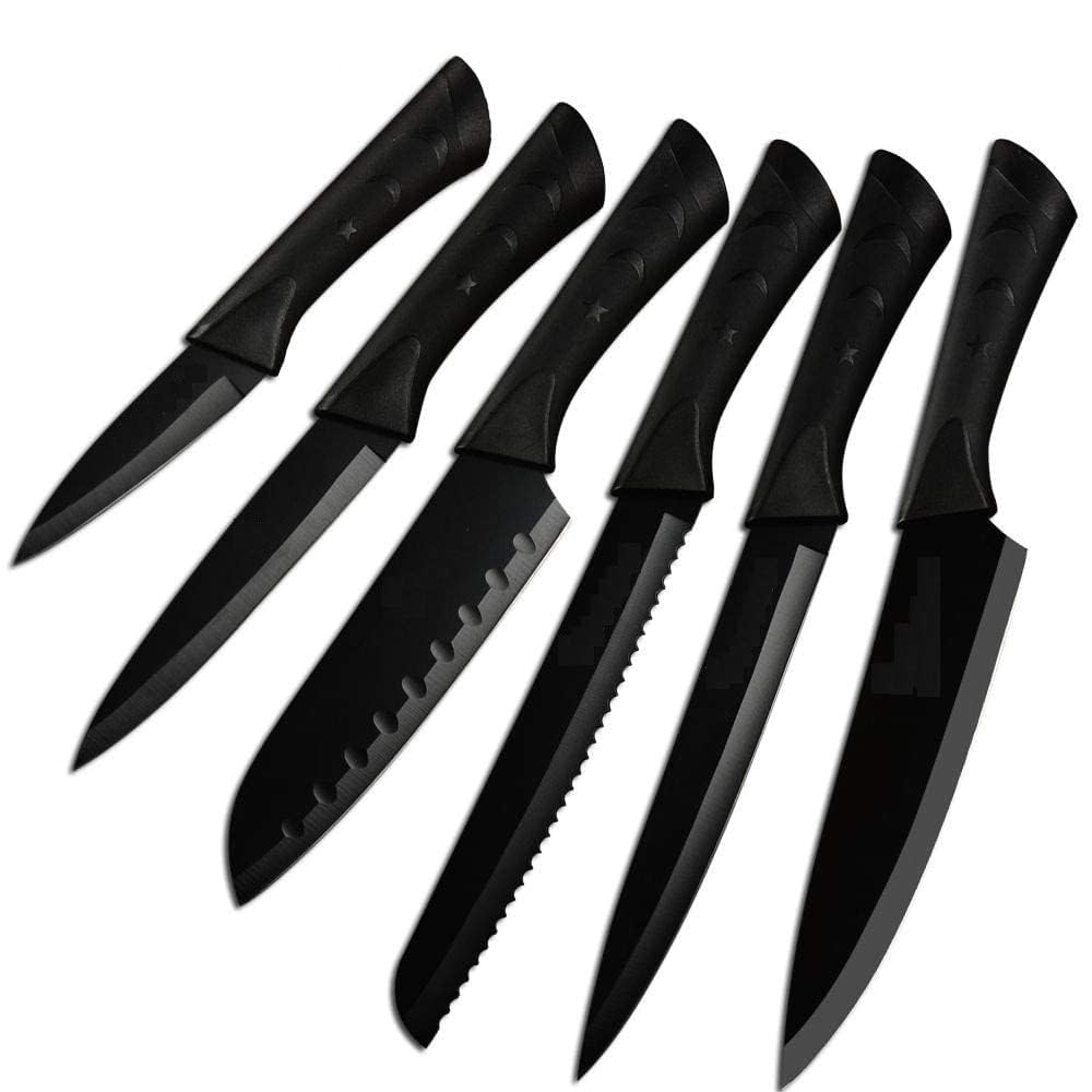 UCRAVO 6Pc Kitchen Knife Set with Covers,StainlessSteel Black Coated Knives, Professional Chef for Home Cooking, Vegetable, Fruit Prep, Ergonomic Handle,Rust Resistant Cutting Tools