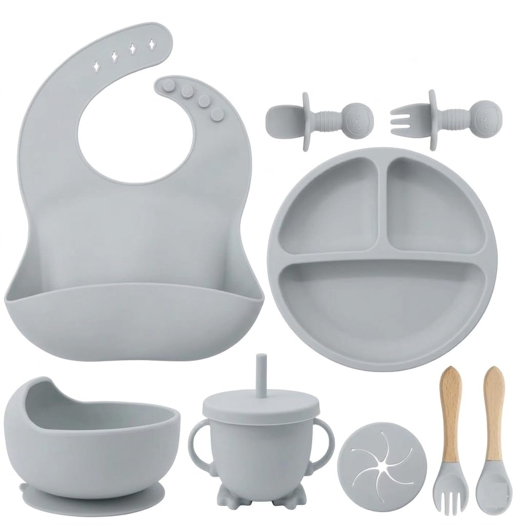 UCRAVO Grey Baby Feeding Set Premium Silicone Baby Led Weaning Set with Adjustable Bib,Divided Suction Plate,Suction Bowl,Baby Training Cup with Straw Lid,Spoon Fork Set,Feeding Essentials Tableware