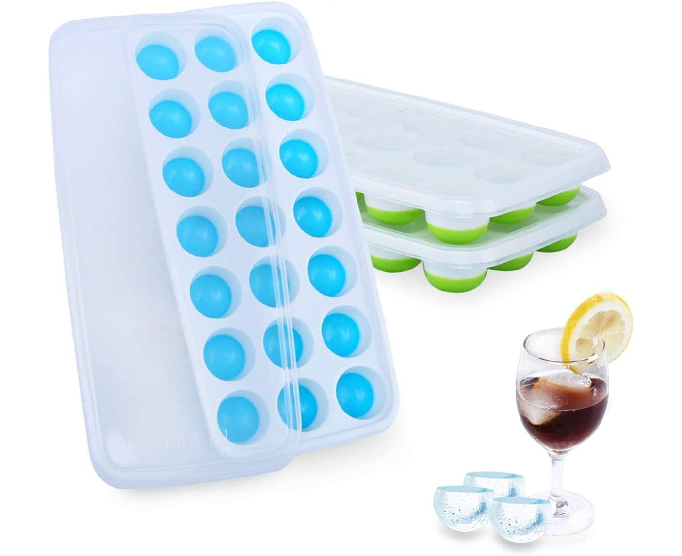 2 pcs 21 Cavity Pop Up Ice Cube Trays with Lid for Freezer with Easy Release Flexible Silicone Bottom, Stackable, Durable Food Grade, Dishwasher Safe for Freezer, Cocktail