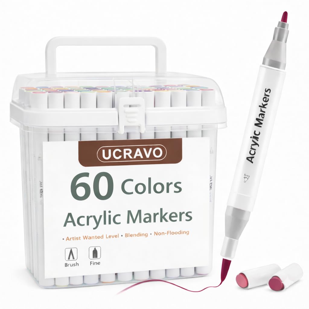 UCRAVO Acrylic Paint Marker Pens Dual Tip 60 PCS Brush Tip + Ultra Fine Tip | Smooth Flow, Odorless, Fade Resistant Acrylic Paint Pens for Artists, Calligraphy, Journaling, Scrapbooking & Craft Work