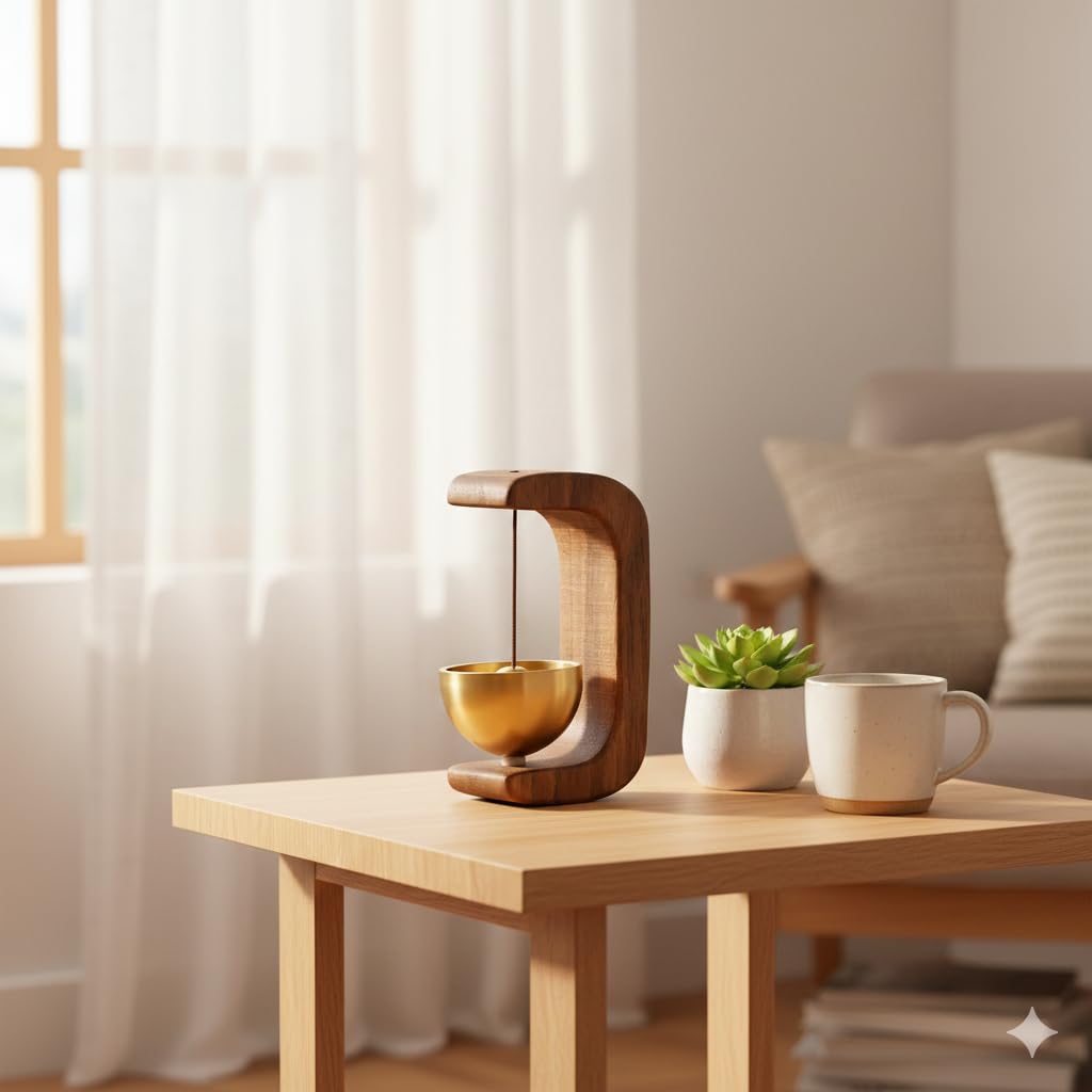 UCRAVO Wooden Zen Sound Bell with Brass Bowl Handcrafted Wind Chime Bell for Meditation,Yoga/Mindfulness Home Office Desk Decor,Pooja Bell,Stress Relief Sound Therapy,Spiritual Decorative Accessory