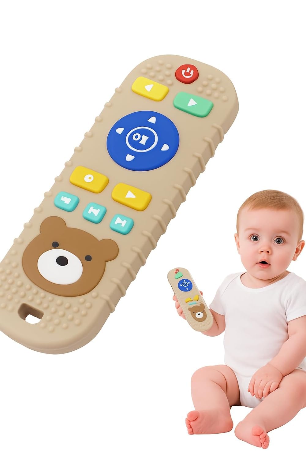 UCRAVO Remote Control Silicone Teether for Baby | Food Grade TV Remote Shape Teething Toy | Soft, Easy-to-Clean, Sensory Relief Chewing,Biting Toy for Infants & Toddlers, Babies (3–18 Months)-Beige