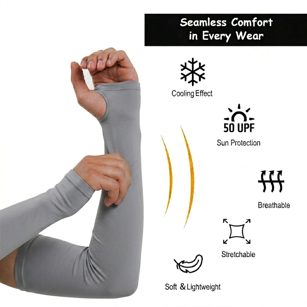 UCRAVO UV Protection Arm Sleeves with Thumb Holes for Men & Women, Cooling Nylon Sun Protection for Running, Cycling, Driving, Cricket & Outdoor Sports, Sweat-Wicking Breathable Guards (Grey, 1 Pair)