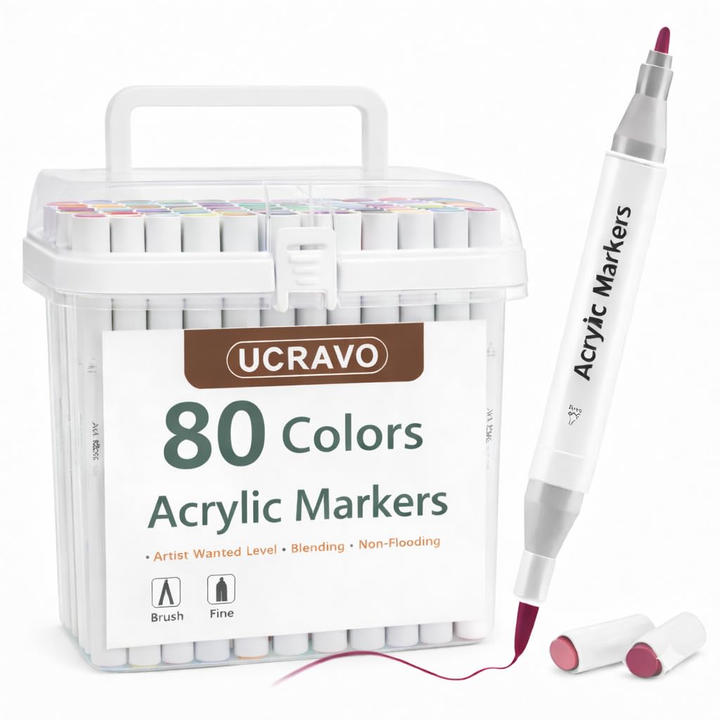UCRAVO Dual Tip Acrylic Marker Pens Set of 80 Brush and Ultra Fine Tips Rich Pigment, Fast Drying, Non-Toxic Acrylic Paint Markers for Rock Painting, Canvas Art,Wood,Ceramic, Plastic & Home Decor DIY