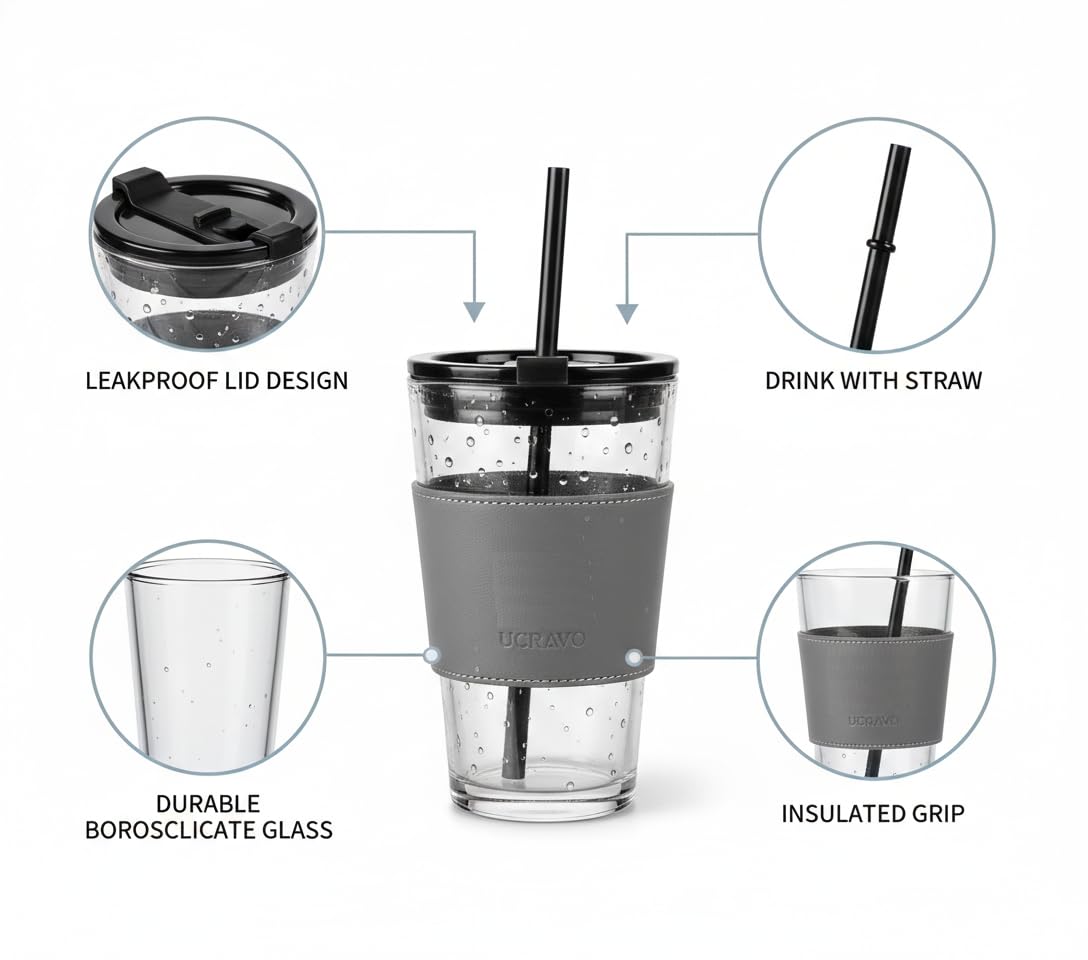 UCRAVO Leakproof Glass Tumbler with Glass Straw & Leather Sleeve | Dual Drinking Lid for Straw or Sip | Reusable BPA-Free Transparent Travel Mug for Cold Coffee, Juice, Smoothies & Daily Hydration