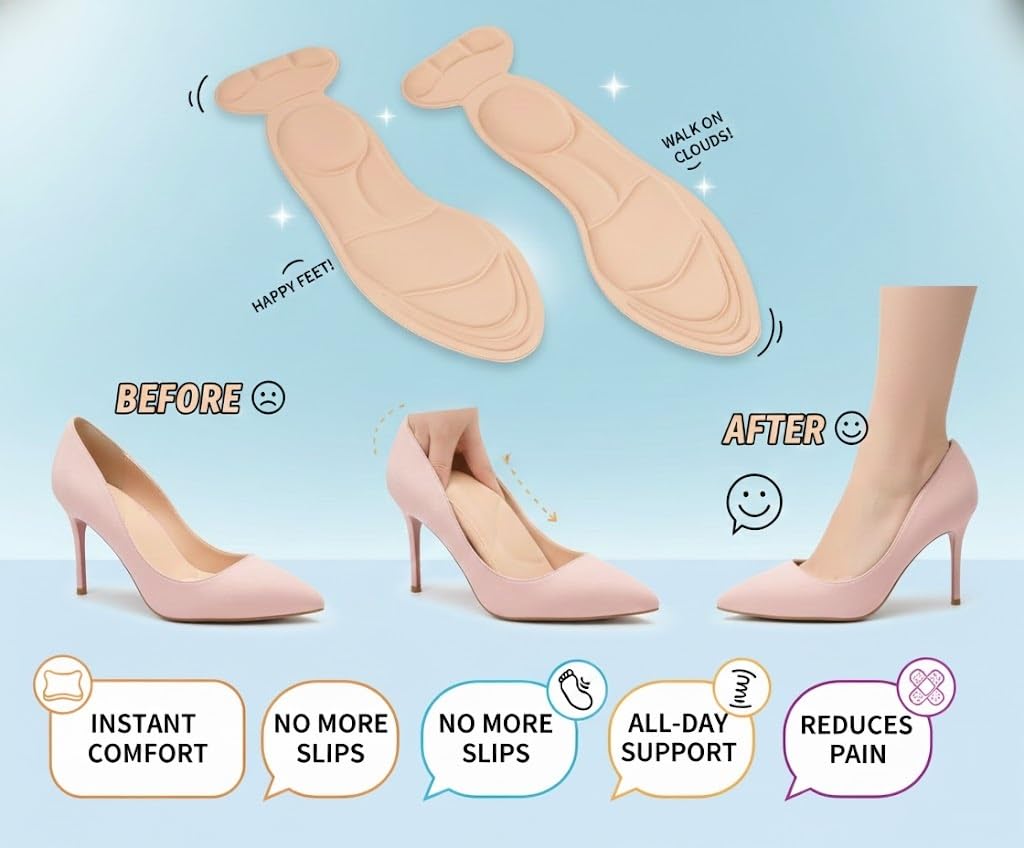 UCRAVO Heel Cushion Inserts for Women | Soft Sponge Heel Pads for Heels, Pumps, Sandals, Flats & Shoes |Shock Absorbing Heel Pain Relief Inserts for Foot Pain, Burning Sensation, Long Standing 1 Pair