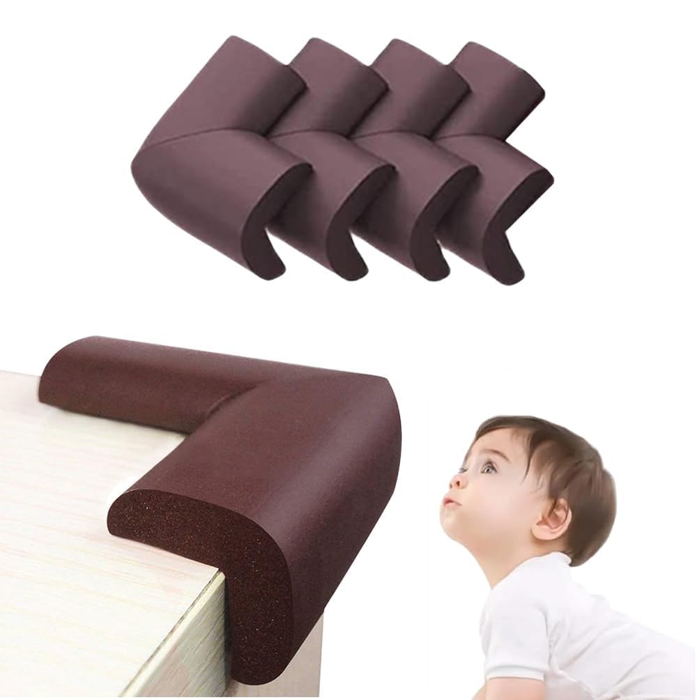 UCRAVO 8 pcs Brown Baby Safety Table Corner Protectors, Furniture Corner and Edge Safety Bumpers, Soft Rubber Foam Cushion Covers, 3M Taped Corner Guards, Baby Child Proofing Pads Rubber Corners