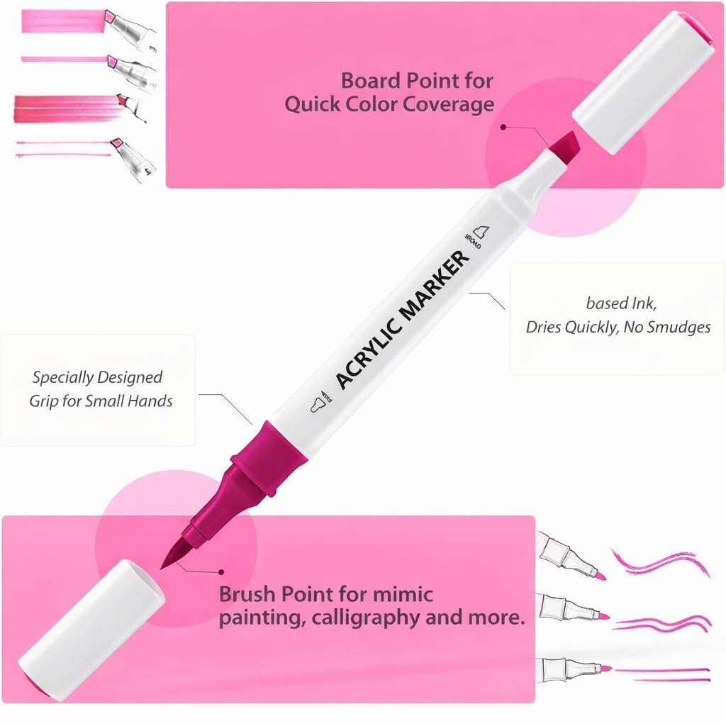 UCRAVO Acrylic Marker Dual Tip Paint Pens Set of 48 Brush Tip & Ultra Fine Tip Highly Pigmented,Quick Dry,Non-Toxic Acrylic Paint Markers for Canvas,Rock Painting,Wood,Glass,DIY Crafts & Art Projects