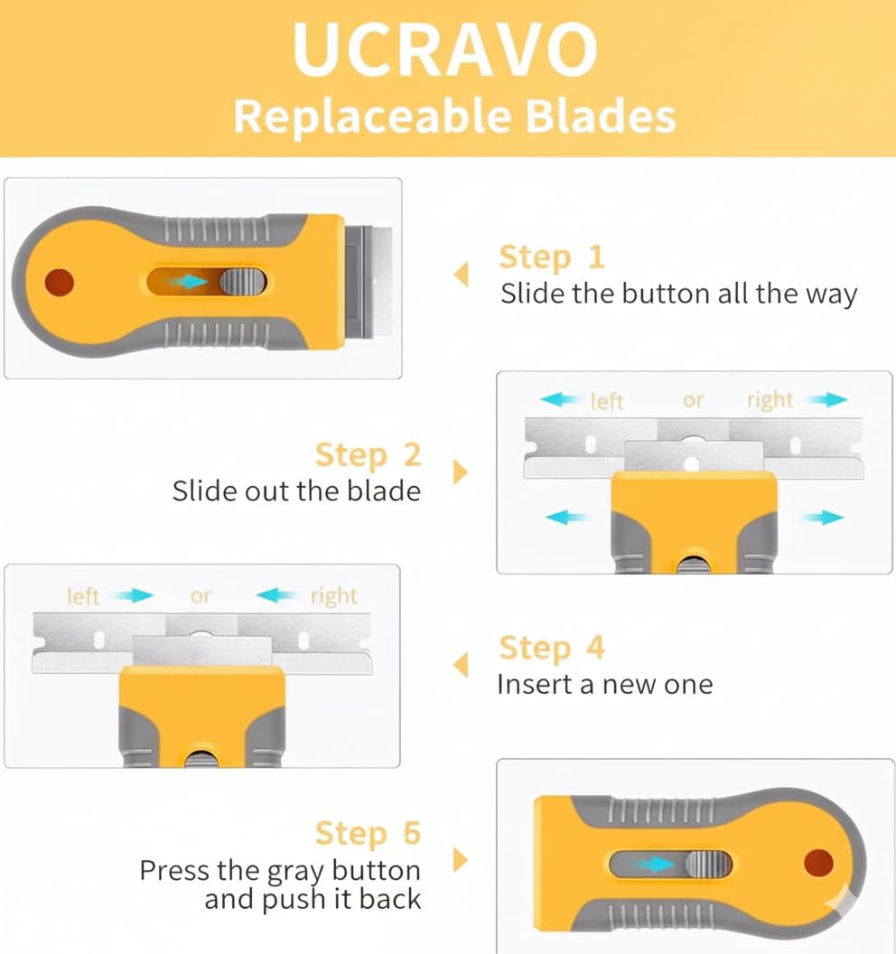 UCRAVO Heavy Duty Glass Scraper Tool with 15 Razor Blades | Multi-Purpose Stove Top & Cooktop Cleaner | Ceramic Glass Hob, Induction Plate, Window, Sticker & Paint | Rust & Burnt Food Remover