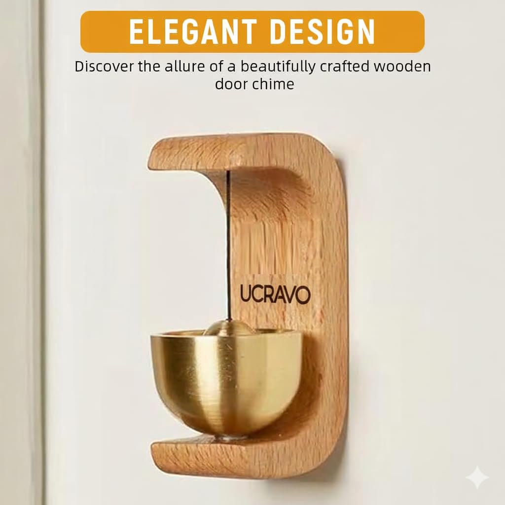 UCRAVO Beech Wooden Door Chime with Brass Bell Magnetic Bell for Home, Shop/Office Loud Clear Sound Shopkeeper Bell,Entry Alert Bell,Wooden Hanging Chime for Main Door,Housewarming Gift-Light Brown