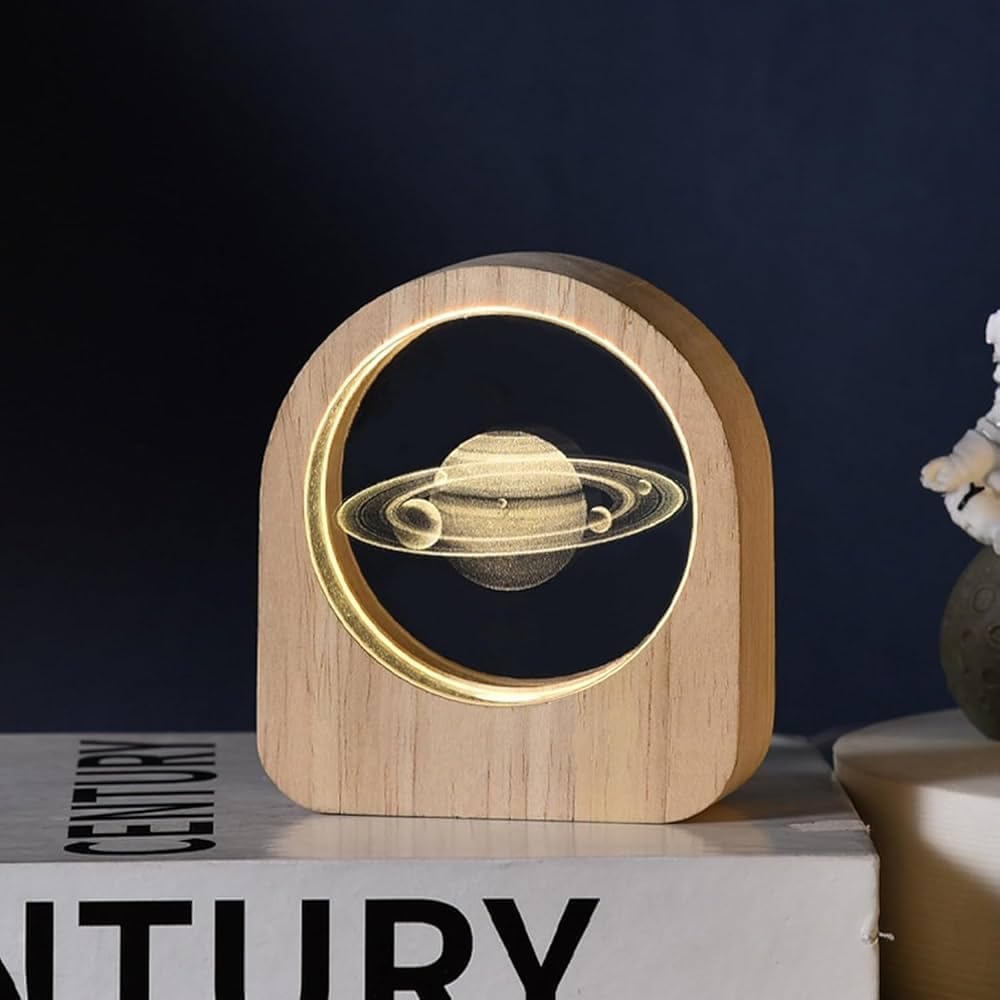 UCRAVO 3D Saturn Crystal Ball Night LED Light Lamp for Kids with Wooden Base, USB Rechargeable, Wood Holder Display Stand Night Lamps Desktop Home Decoration Birthday Gift for Kids Boys & Girls