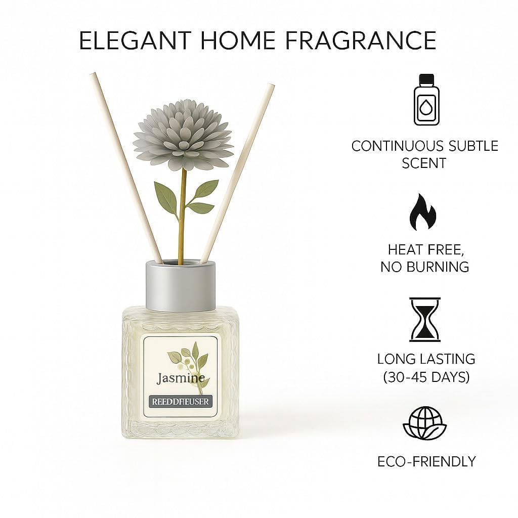 UCRAVO 50ML Jasmine Reed Diffuser for Home | Long Lasting Jasmine Aroma Diffuser Oil | Floral Home Fragrance Reed Diffuser | Jasmines Scented Room Freshener | Aromatherapy Diffuser Set (1 Pc)