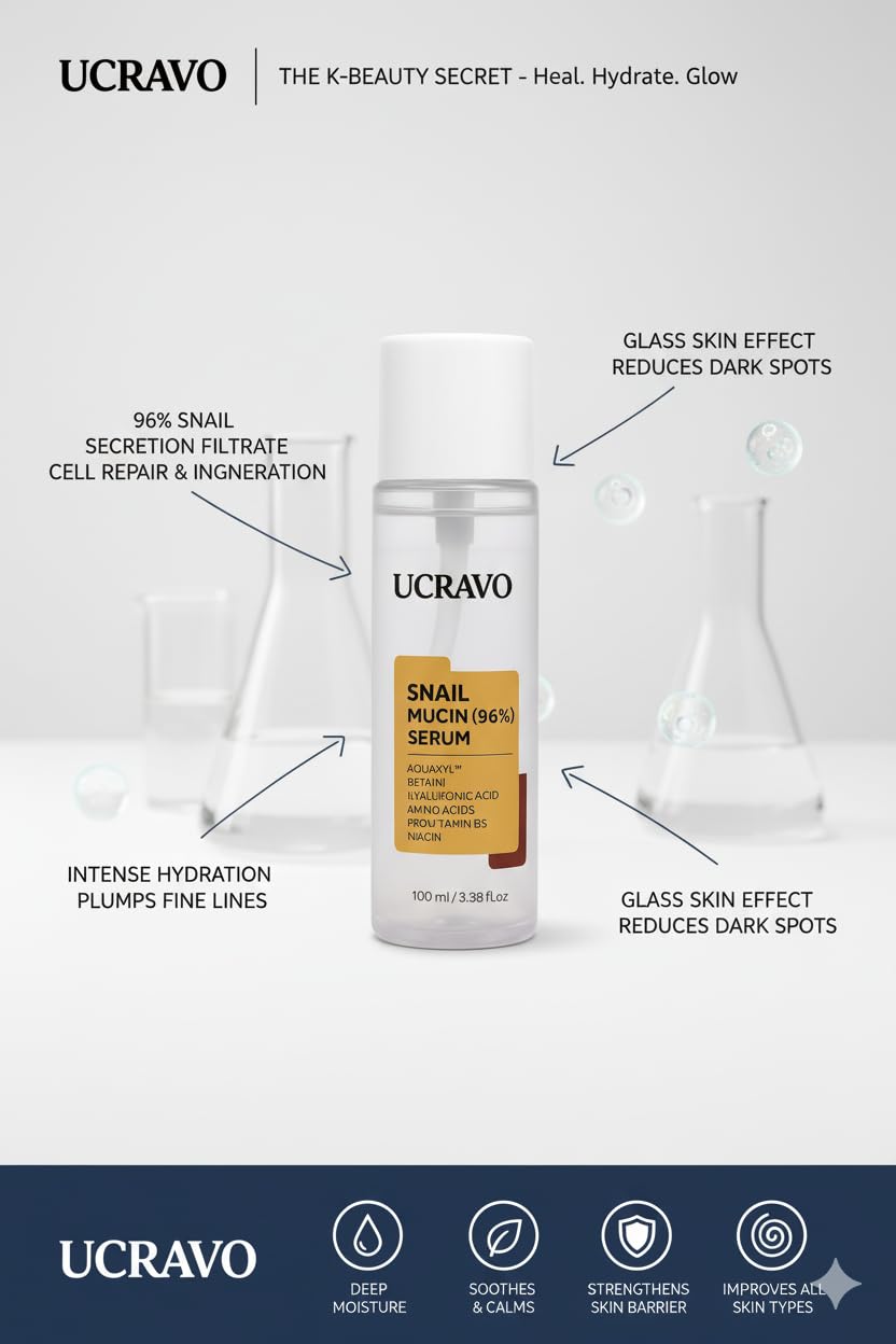 UCRAVO Snail Mucin Repairing Serum 100ml, Hydrating Serum for Face with Snail Secretion Filtrate for Dull Skin & Fine Lines, Korean Skin Care