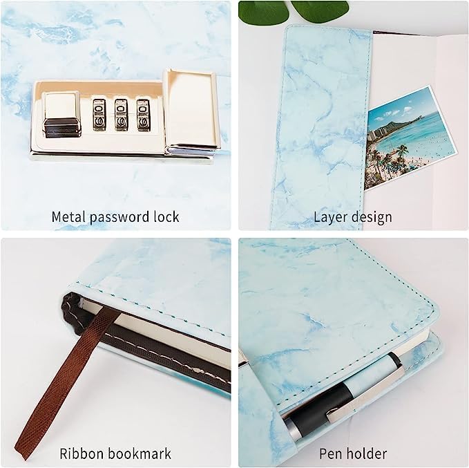 UCRAVO Waterproof PU Leather Diary with Combination Lock,Refillable A5 Daily Journal for Women & Girls,192 Thick Pages Professional Secret Notebook with 3-Digit Password,Aesthetic Stationery Gift Set