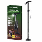 UCRAVO Freedom Edition Foldable Walking Cane with LED Light, Adjustable Height, Quad Cane Tip, Lightweight, Portable, Self Standing Walking Stick for Men & Women