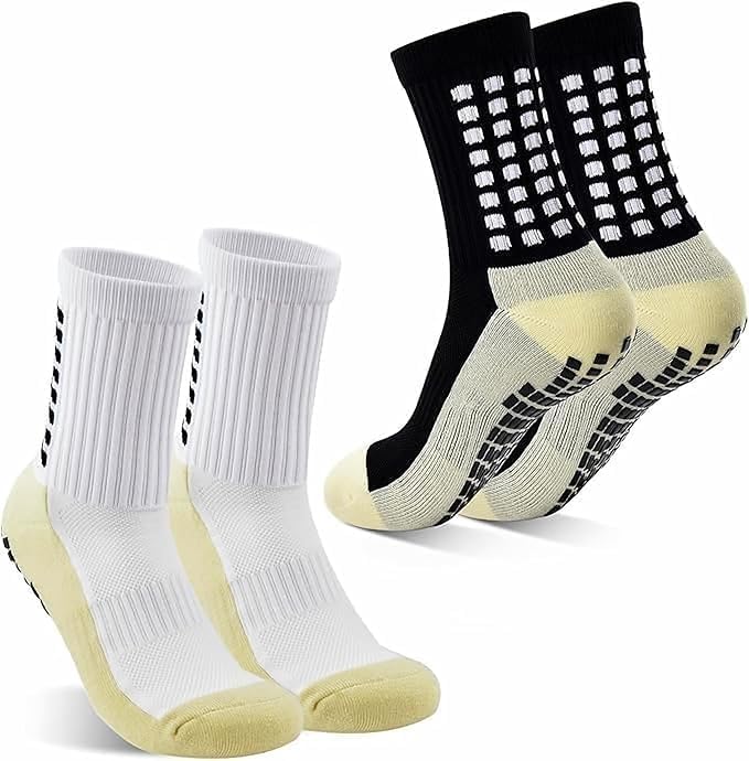 UCRAVO 2 Pair Hi-Tech Performance Grip Socks for Men & Women | Anti-Slip Rubber Grip Crew Length Footballer Socks, Thick Cushion Sports Socks for Running, Gym Training & Athletic Fitness