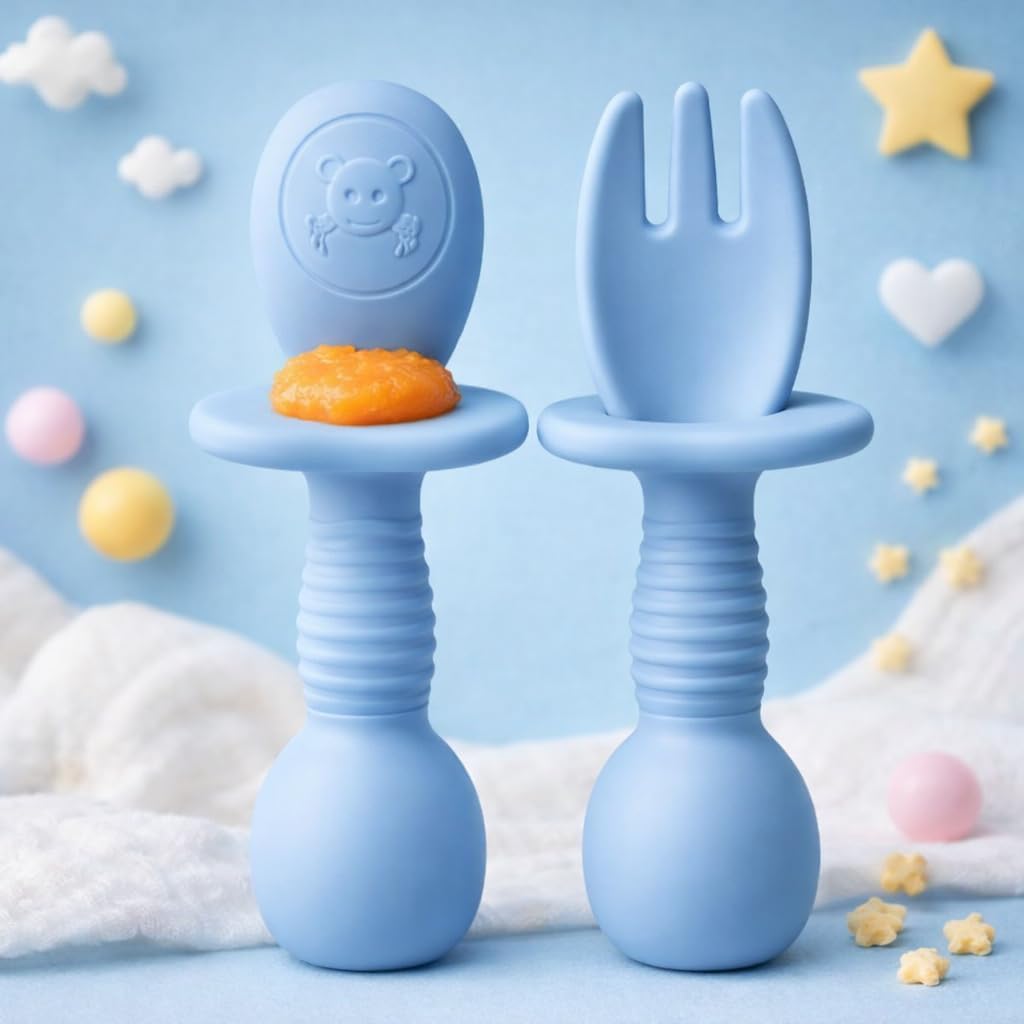 UCRAVO Silicone Baby Self Feeding Spoon and Fork Set for Babies | BPA Free Toddler Training Spoon Fork | Anti Choke Guard Baby Feeding Utensils Baby Led Weaning Spoon Set for Infants & Toddlers Blue
