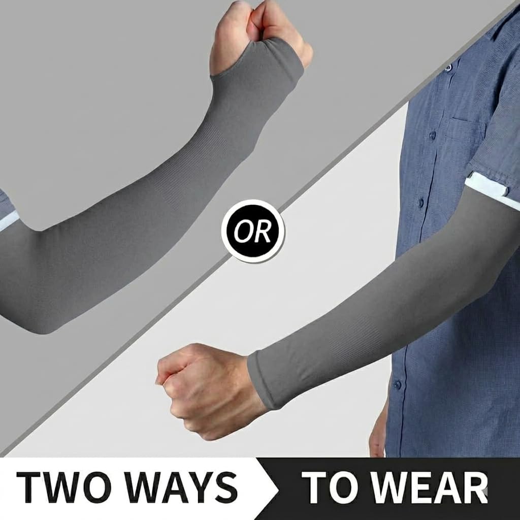 UCRAVO UV Protection Arm Sleeves with Thumb Holes for Men & Women, Cooling Nylon Sun Protection for Running, Cycling, Driving, Cricket & Outdoor Sports, Sweat-Wicking Breathable Guards (Grey, 1 Pair)